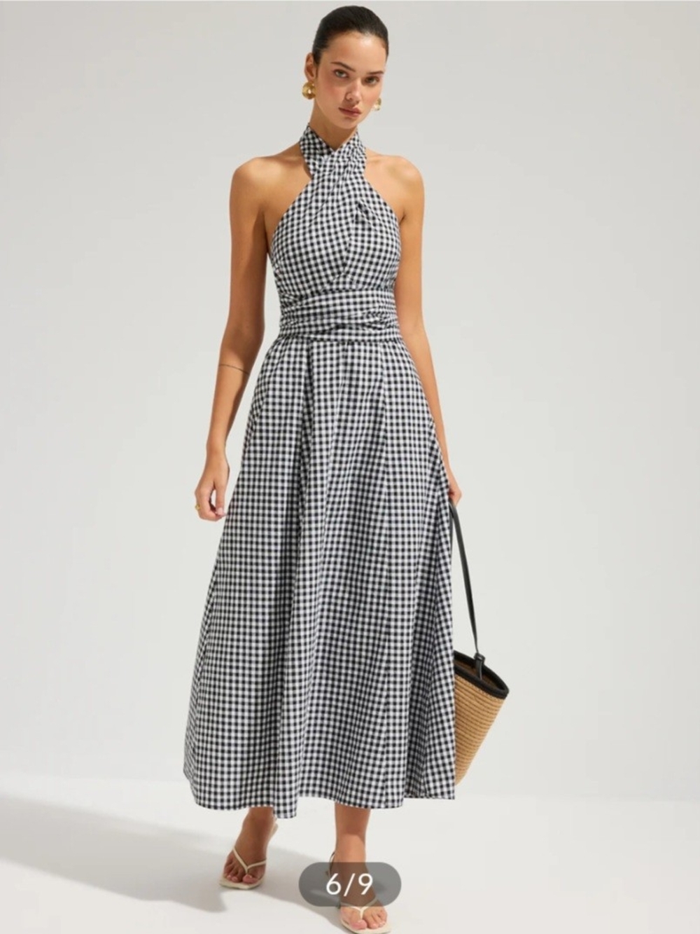 Gingham Halter Cotton Maxi Dress In White And Black - Picture 5 of 5